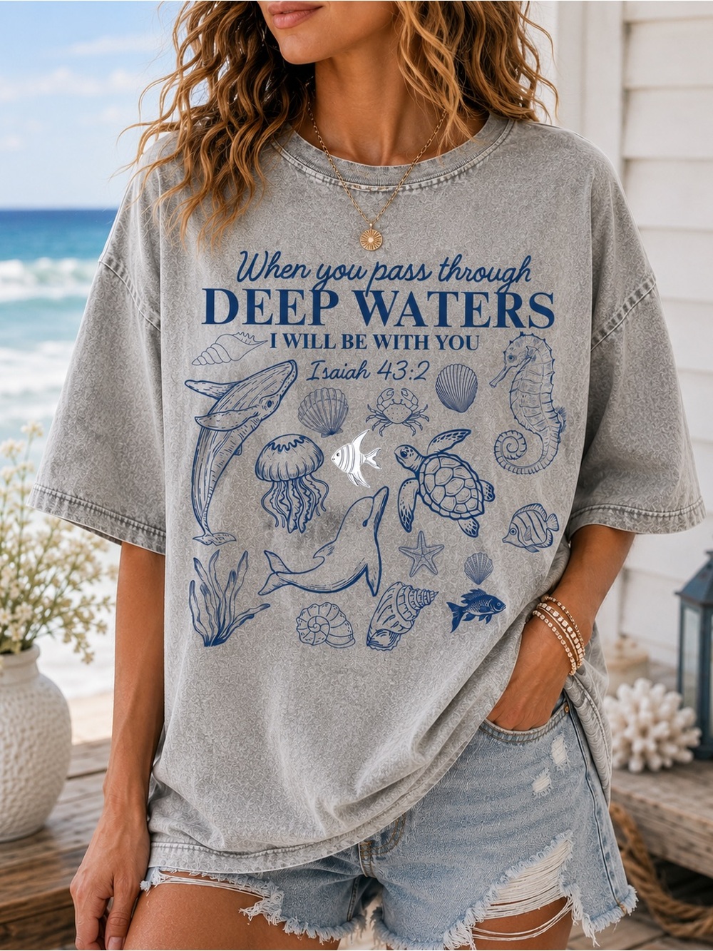 Deep Waters Isaiah 43:2 Christian Oversized Vintage Wash Graphic Tee